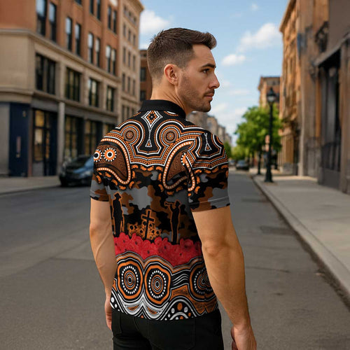 ANZAC Day Wests Tigers Zipper Polo Shirt Military Memorial Aboriginal Indigenous Art