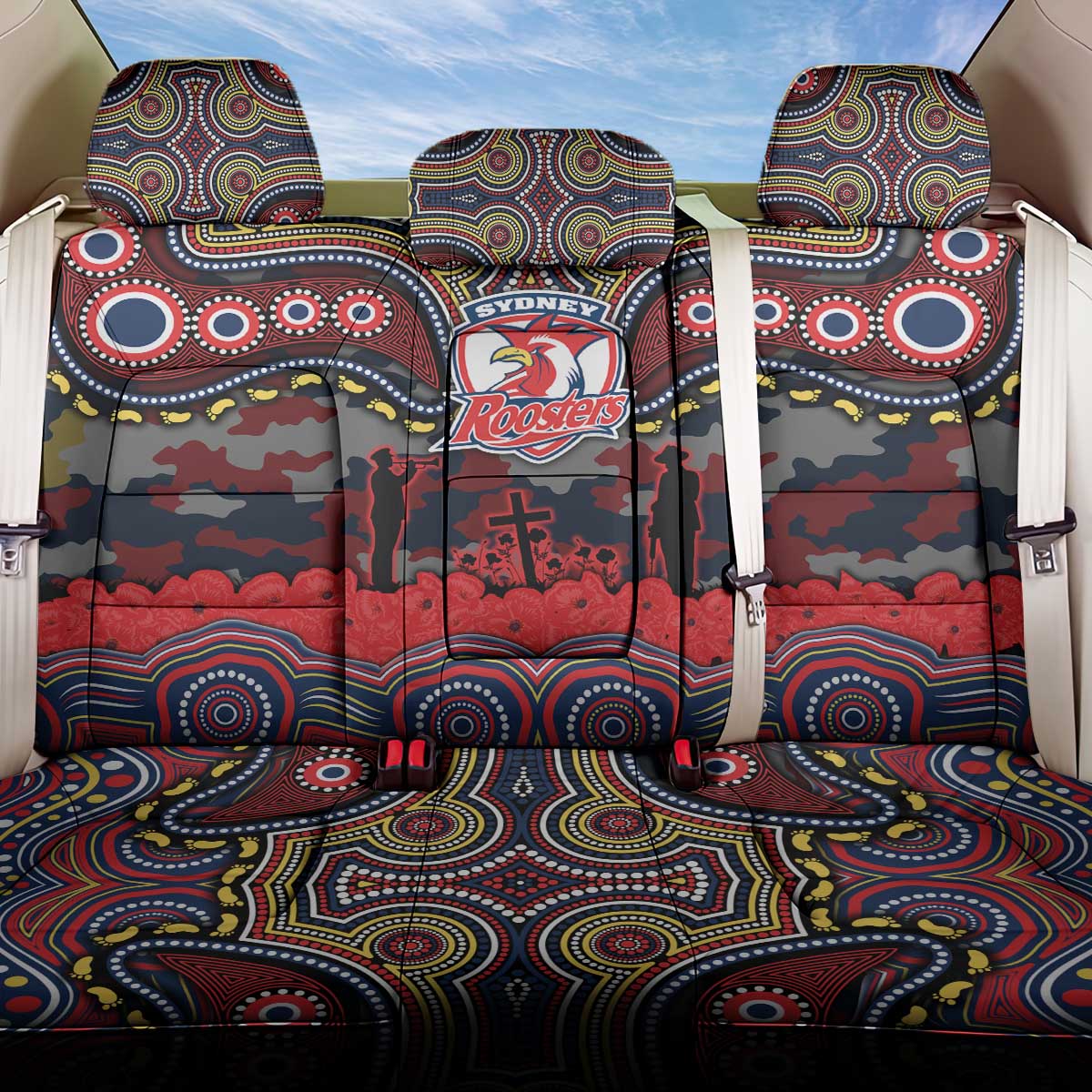 ANZAC Day Sydney Roosters Back Car Seat Cover Military Memorial Aboriginal Indigenous Art