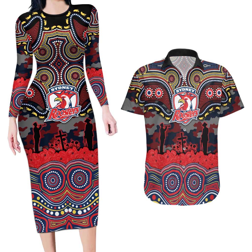 ANZAC Day Sydney Roosters Couples Matching Long Sleeve Bodycon Dress and Hawaiian Shirt Military Memorial Aboriginal Indigenous Art