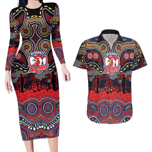 ANZAC Day Sydney Roosters Couples Matching Long Sleeve Bodycon Dress and Hawaiian Shirt Military Memorial Aboriginal Indigenous Art