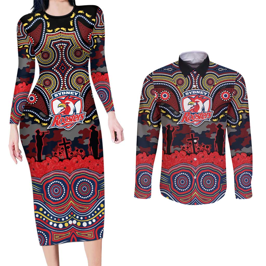 ANZAC Day Sydney Roosters Couples Matching Long Sleeve Bodycon Dress and Long Sleeve Button Shirt Military Memorial Aboriginal Indigenous Art