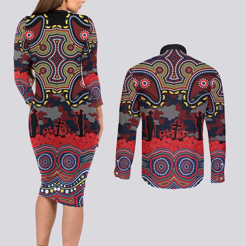 ANZAC Day Sydney Roosters Couples Matching Long Sleeve Bodycon Dress and Long Sleeve Button Shirt Military Memorial Aboriginal Indigenous Art