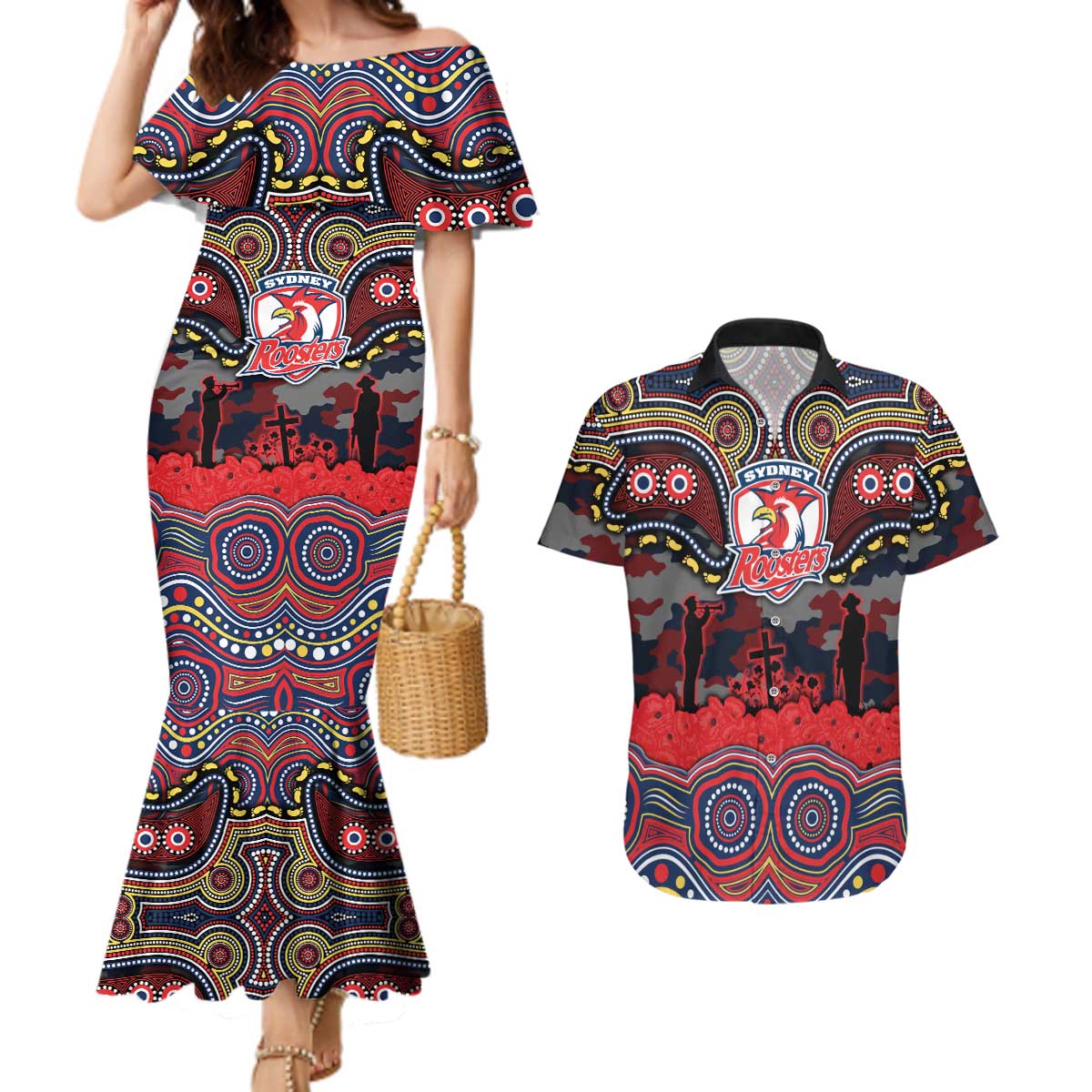 ANZAC Day Sydney Roosters Couples Matching Mermaid Dress and Hawaiian Shirt Military Memorial Aboriginal Indigenous Art