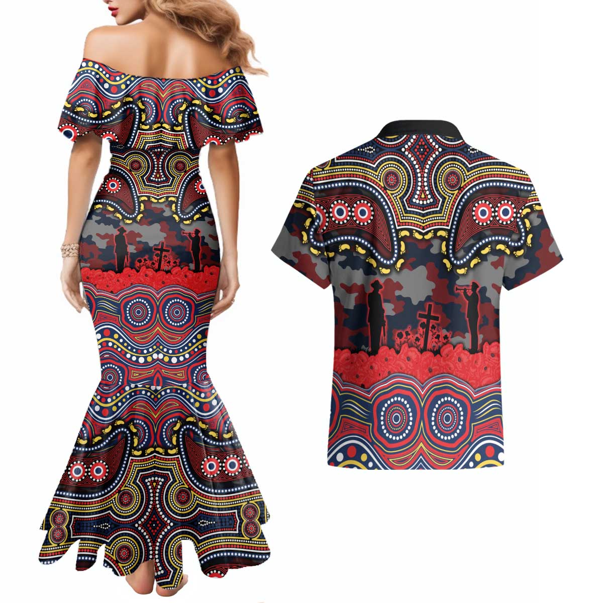 ANZAC Day Sydney Roosters Couples Matching Mermaid Dress and Hawaiian Shirt Military Memorial Aboriginal Indigenous Art