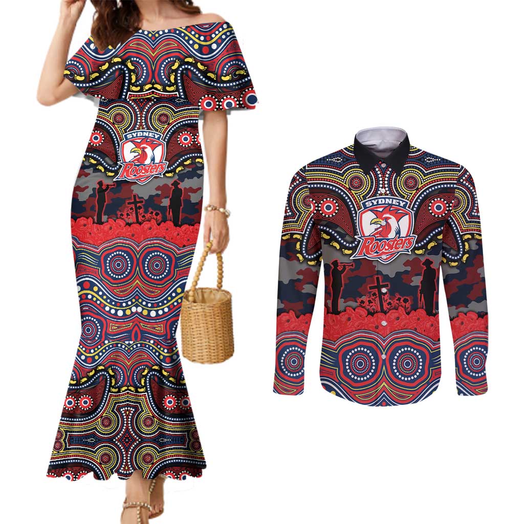 ANZAC Day Sydney Roosters Couples Matching Mermaid Dress and Long Sleeve Button Shirt Military Memorial Aboriginal Indigenous Art
