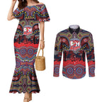 ANZAC Day Sydney Roosters Couples Matching Mermaid Dress and Long Sleeve Button Shirt Military Memorial Aboriginal Indigenous Art