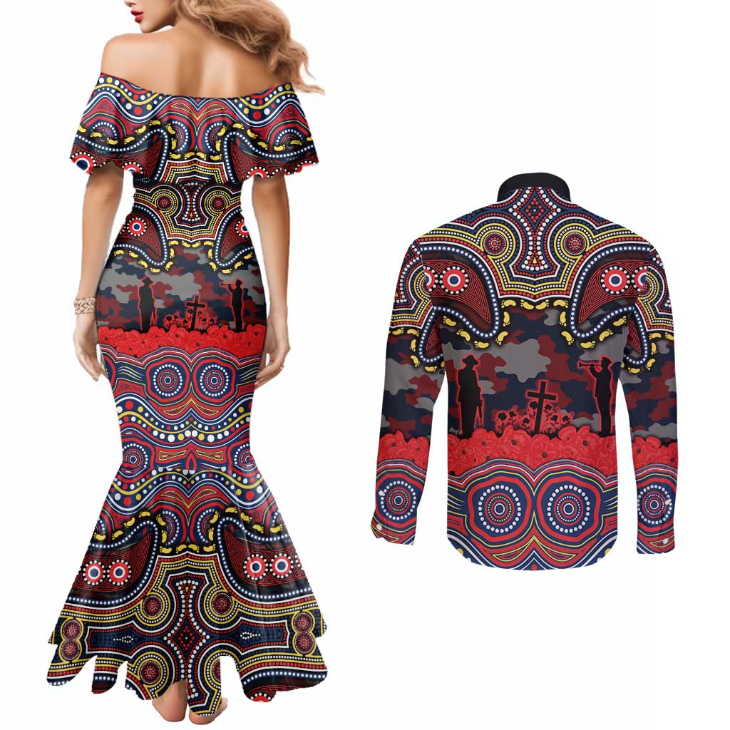 ANZAC Day Sydney Roosters Couples Matching Mermaid Dress and Long Sleeve Button Shirt Military Memorial Aboriginal Indigenous Art