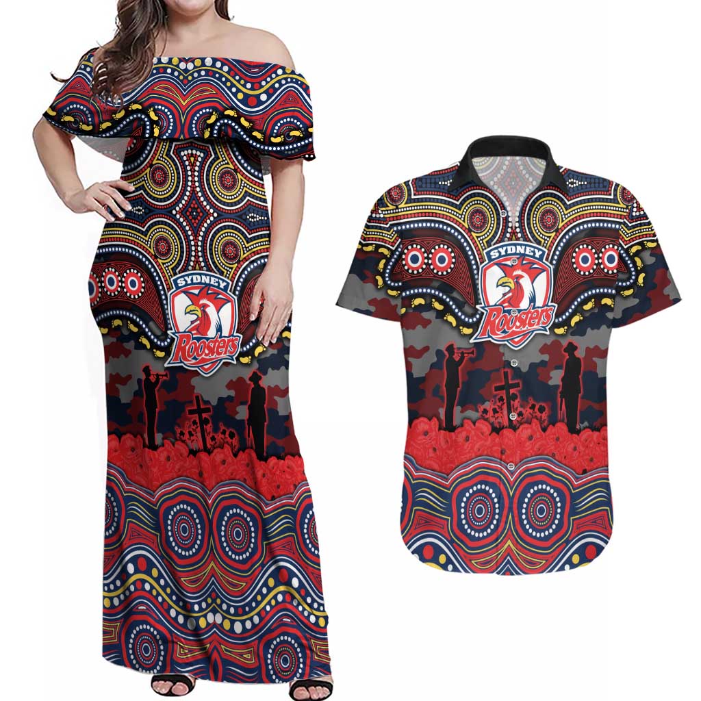 ANZAC Day Sydney Roosters Couples Matching Off Shoulder Maxi Dress and Hawaiian Shirt Military Memorial Aboriginal Indigenous Art