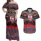 ANZAC Day Sydney Roosters Couples Matching Off Shoulder Maxi Dress and Hawaiian Shirt Military Memorial Aboriginal Indigenous Art