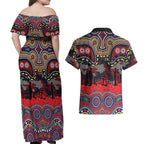 ANZAC Day Sydney Roosters Couples Matching Off Shoulder Maxi Dress and Hawaiian Shirt Military Memorial Aboriginal Indigenous Art