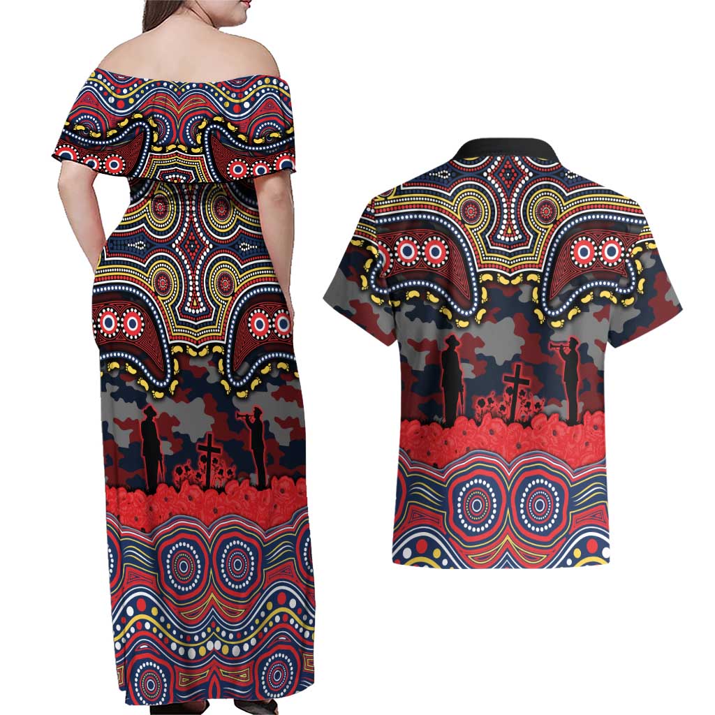 ANZAC Day Sydney Roosters Couples Matching Off Shoulder Maxi Dress and Hawaiian Shirt Military Memorial Aboriginal Indigenous Art