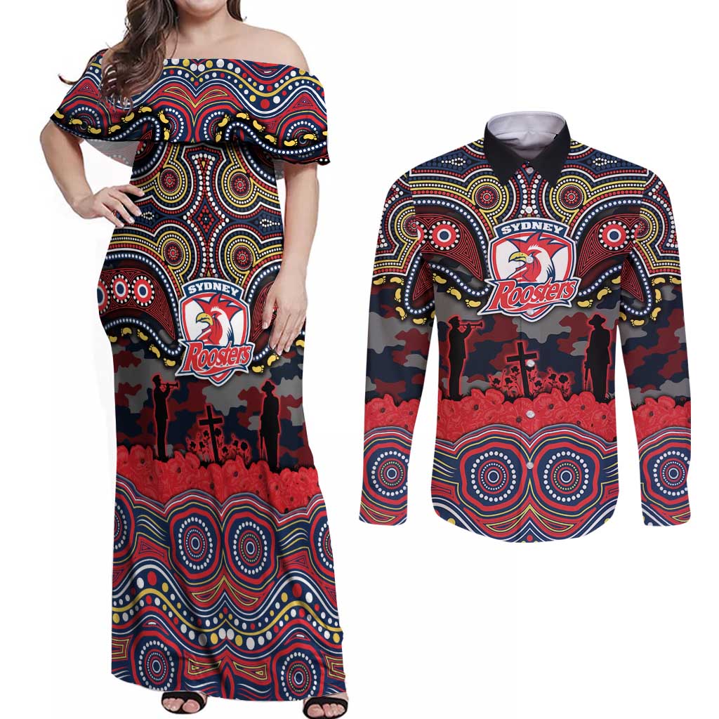 ANZAC Day Sydney Roosters Couples Matching Off Shoulder Maxi Dress and Long Sleeve Button Shirt Military Memorial Aboriginal Indigenous Art