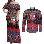 ANZAC Day Sydney Roosters Couples Matching Off Shoulder Maxi Dress and Long Sleeve Button Shirt Military Memorial Aboriginal Indigenous Art