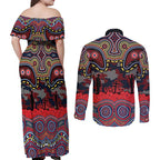 ANZAC Day Sydney Roosters Couples Matching Off Shoulder Maxi Dress and Long Sleeve Button Shirt Military Memorial Aboriginal Indigenous Art