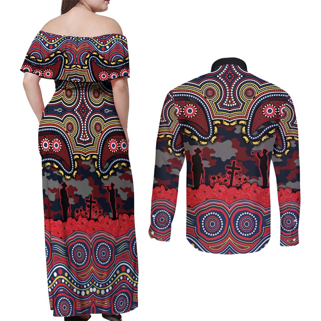 ANZAC Day Sydney Roosters Couples Matching Off Shoulder Maxi Dress and Long Sleeve Button Shirt Military Memorial Aboriginal Indigenous Art