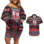 ANZAC Day Sydney Roosters Couples Matching Off Shoulder Short Dress and Hawaiian Shirt Military Memorial Aboriginal Indigenous Art