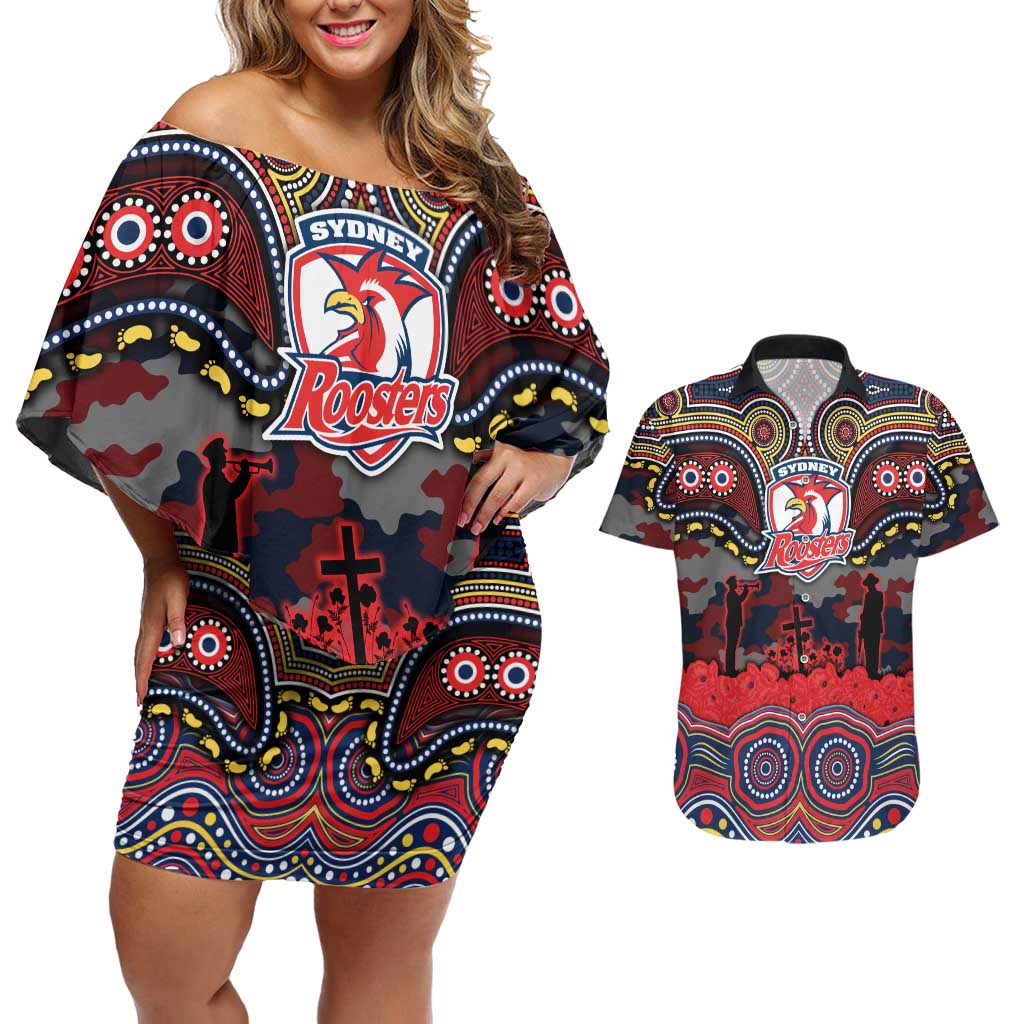 ANZAC Day Sydney Roosters Couples Matching Off Shoulder Short Dress and Hawaiian Shirt Military Memorial Aboriginal Indigenous Art