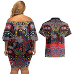 ANZAC Day Sydney Roosters Couples Matching Off Shoulder Short Dress and Hawaiian Shirt Military Memorial Aboriginal Indigenous Art