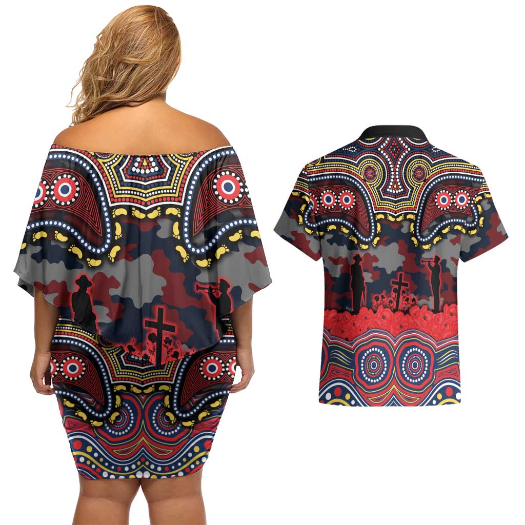 ANZAC Day Sydney Roosters Couples Matching Off Shoulder Short Dress and Hawaiian Shirt Military Memorial Aboriginal Indigenous Art