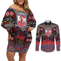 ANZAC Day Sydney Roosters Couples Matching Off Shoulder Short Dress and Long Sleeve Button Shirt Military Memorial Aboriginal Indigenous Art