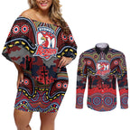 ANZAC Day Sydney Roosters Couples Matching Off Shoulder Short Dress and Long Sleeve Button Shirt Military Memorial Aboriginal Indigenous Art