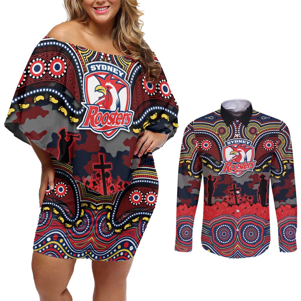 ANZAC Day Sydney Roosters Couples Matching Off Shoulder Short Dress and Long Sleeve Button Shirt Military Memorial Aboriginal Indigenous Art