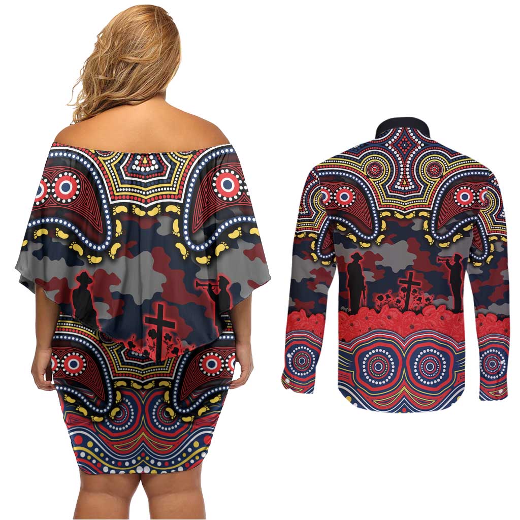 ANZAC Day Sydney Roosters Couples Matching Off Shoulder Short Dress and Long Sleeve Button Shirt Military Memorial Aboriginal Indigenous Art