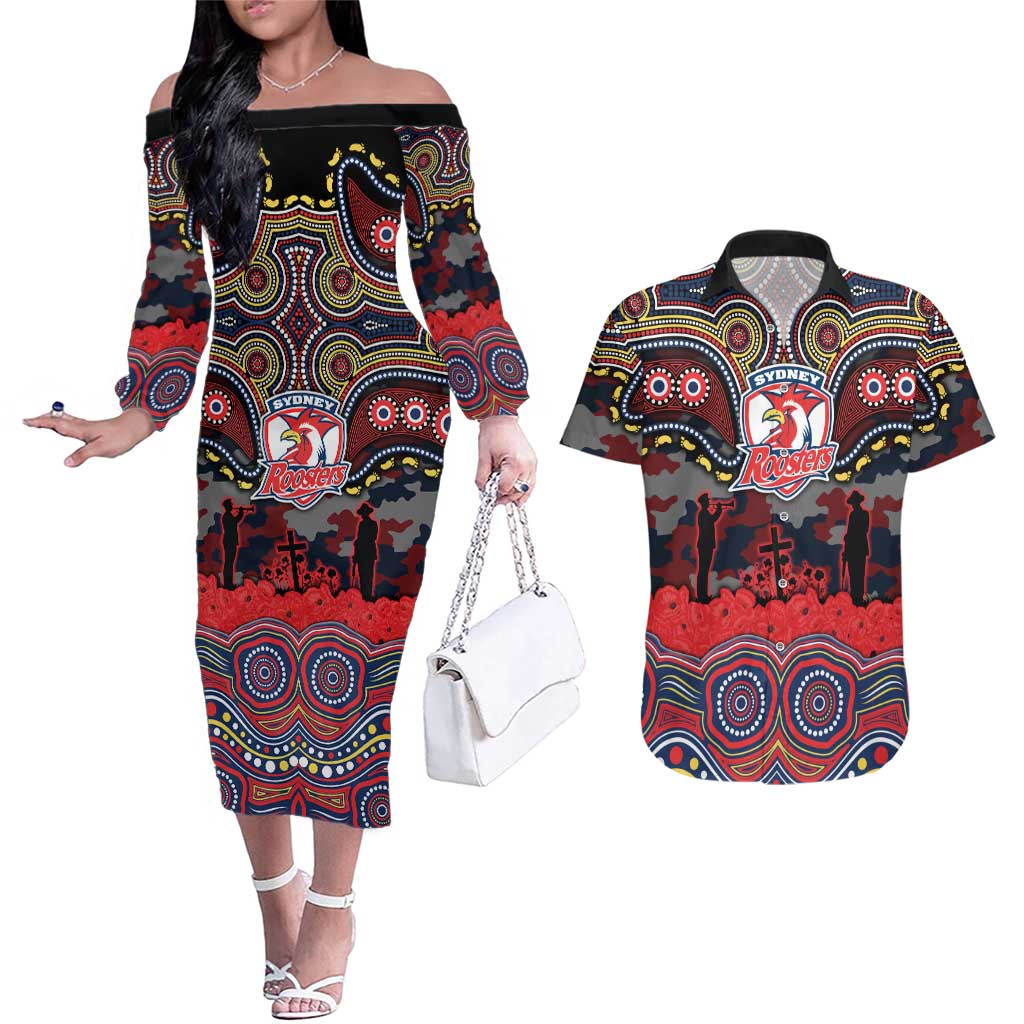 ANZAC Day Sydney Roosters Couples Matching Off The Shoulder Long Sleeve Dress and Hawaiian Shirt Military Memorial Aboriginal Indigenous Art