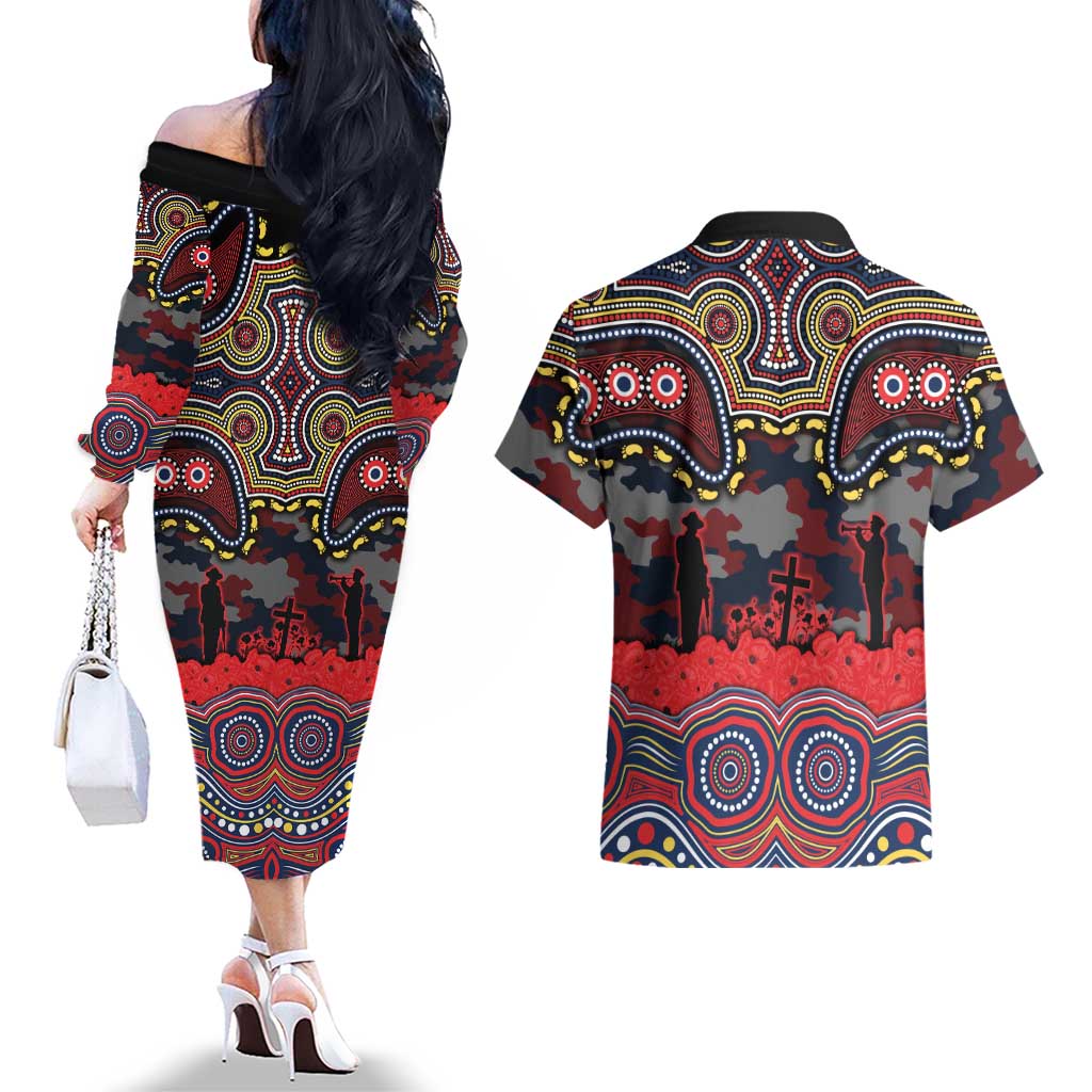 ANZAC Day Sydney Roosters Couples Matching Off The Shoulder Long Sleeve Dress and Hawaiian Shirt Military Memorial Aboriginal Indigenous Art