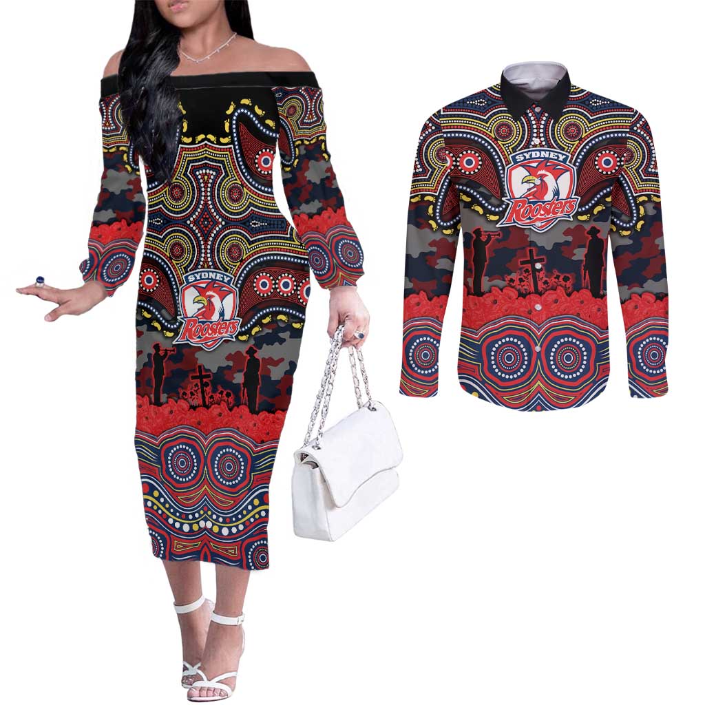 ANZAC Day Sydney Roosters Couples Matching Off The Shoulder Long Sleeve Dress and Long Sleeve Button Shirt Military Memorial Aboriginal Indigenous Art