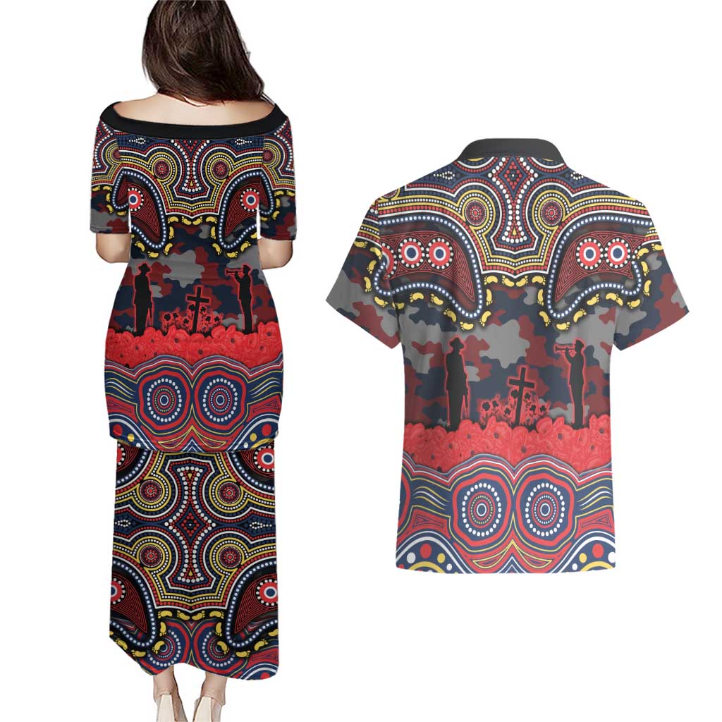 ANZAC Day Sydney Roosters Couples Matching Puletasi and Hawaiian Shirt Military Memorial Aboriginal Indigenous Art