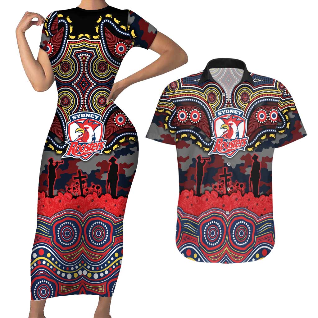 ANZAC Day Sydney Roosters Couples Matching Short Sleeve Bodycon Dress and Hawaiian Shirt Military Memorial Aboriginal Indigenous Art