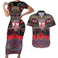 ANZAC Day Sydney Roosters Couples Matching Short Sleeve Bodycon Dress and Hawaiian Shirt Military Memorial Aboriginal Indigenous Art