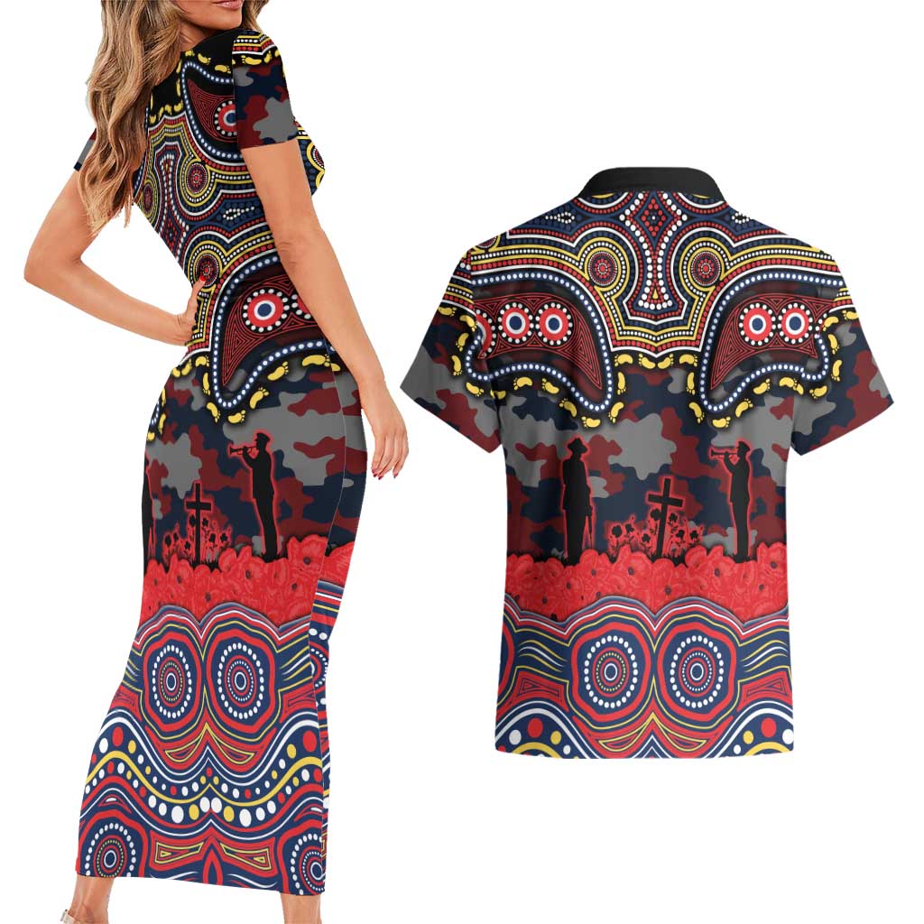 ANZAC Day Sydney Roosters Couples Matching Short Sleeve Bodycon Dress and Hawaiian Shirt Military Memorial Aboriginal Indigenous Art