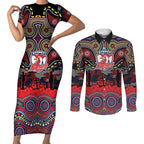 ANZAC Day Sydney Roosters Couples Matching Short Sleeve Bodycon Dress and Long Sleeve Button Shirt Military Memorial Aboriginal Indigenous Art