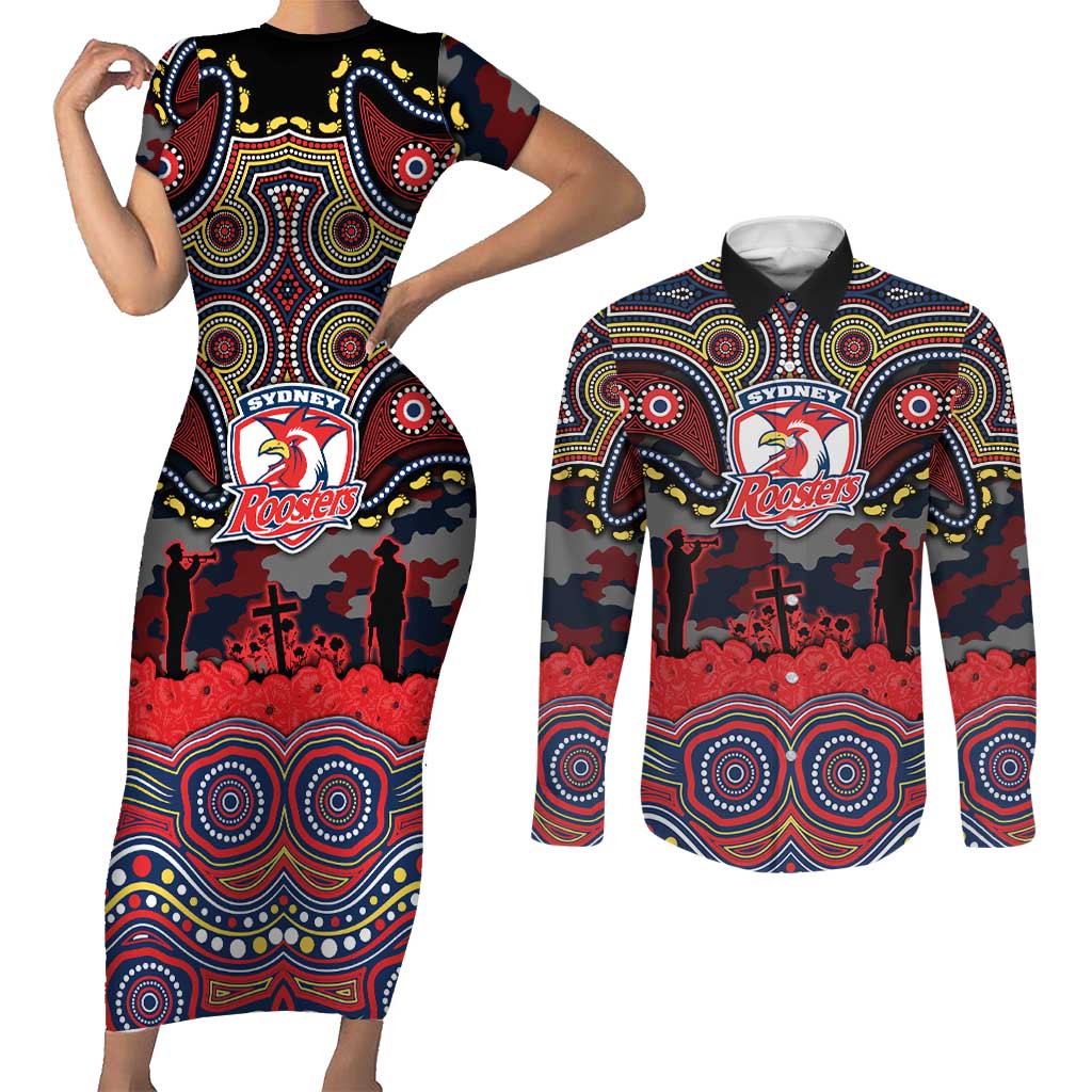 ANZAC Day Sydney Roosters Couples Matching Short Sleeve Bodycon Dress and Long Sleeve Button Shirt Military Memorial Aboriginal Indigenous Art