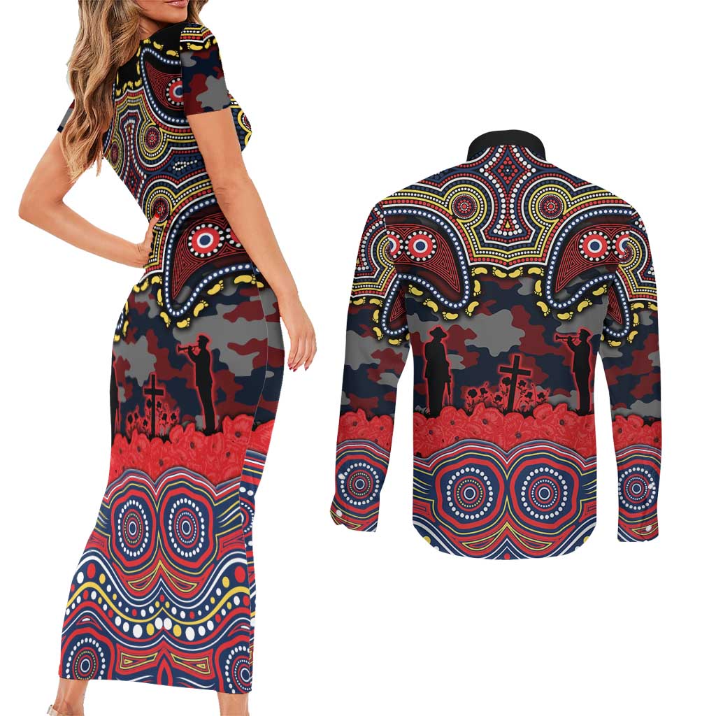 ANZAC Day Sydney Roosters Couples Matching Short Sleeve Bodycon Dress and Long Sleeve Button Shirt Military Memorial Aboriginal Indigenous Art