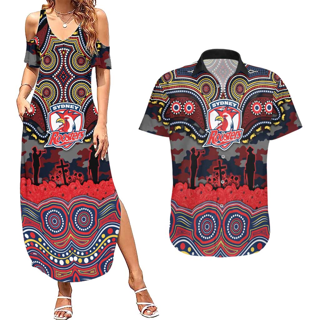 ANZAC Day Sydney Roosters Couples Matching Summer Maxi Dress and Hawaiian Shirt Military Memorial Aboriginal Indigenous Art