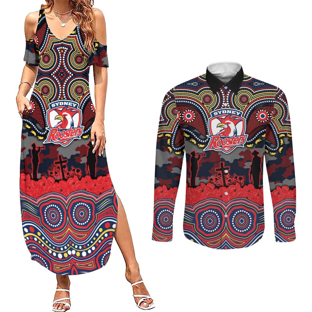 ANZAC Day Sydney Roosters Couples Matching Summer Maxi Dress and Long Sleeve Button Shirt Military Memorial Aboriginal Indigenous Art
