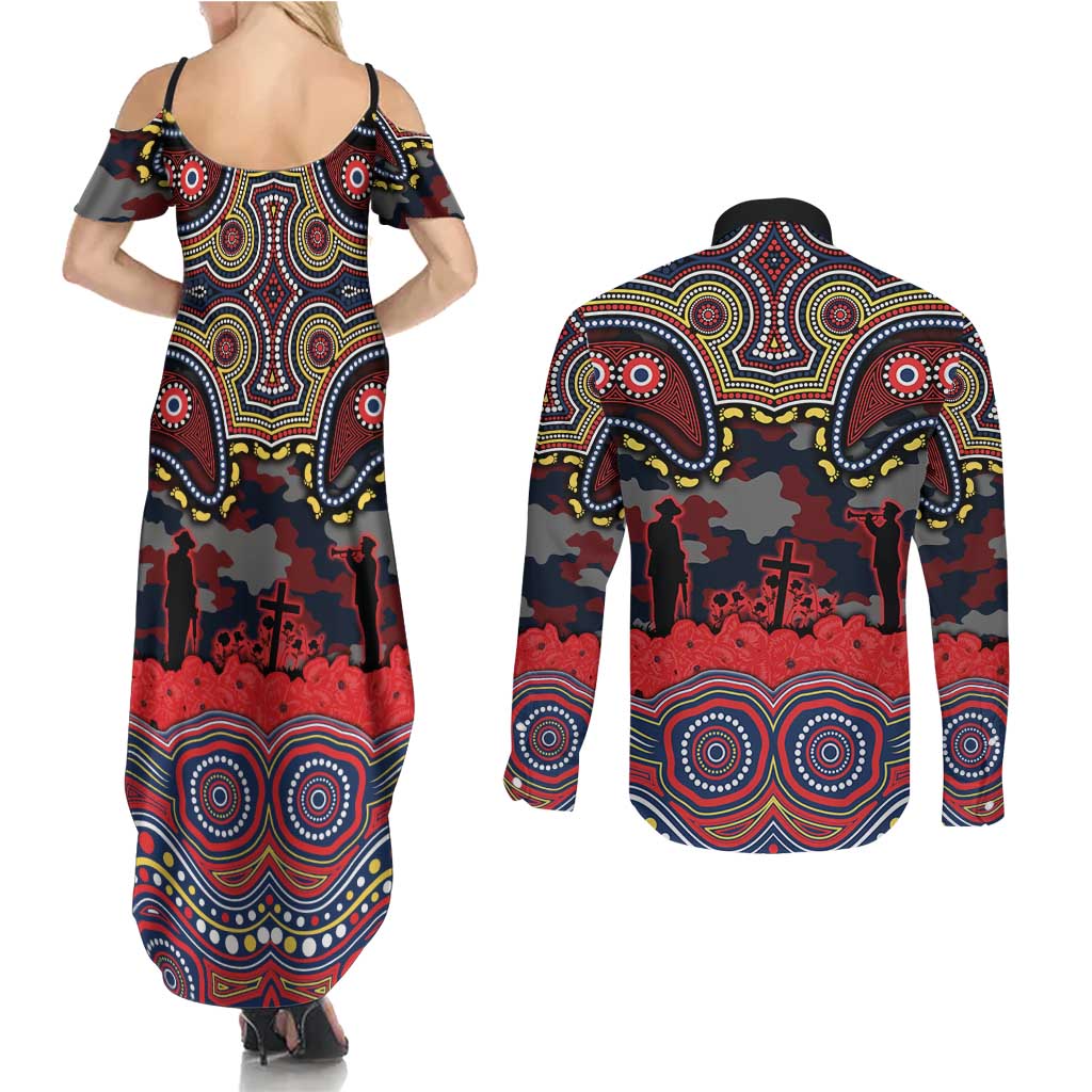 ANZAC Day Sydney Roosters Couples Matching Summer Maxi Dress and Long Sleeve Button Shirt Military Memorial Aboriginal Indigenous Art