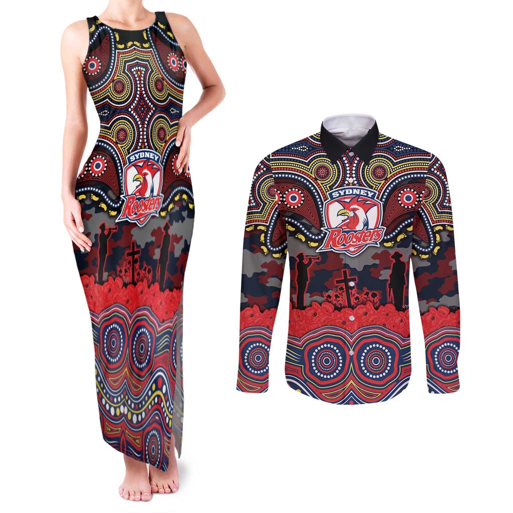 ANZAC Day Sydney Roosters Couples Matching Tank Maxi Dress and Long Sleeve Button Shirt Military Memorial Aboriginal Indigenous Art