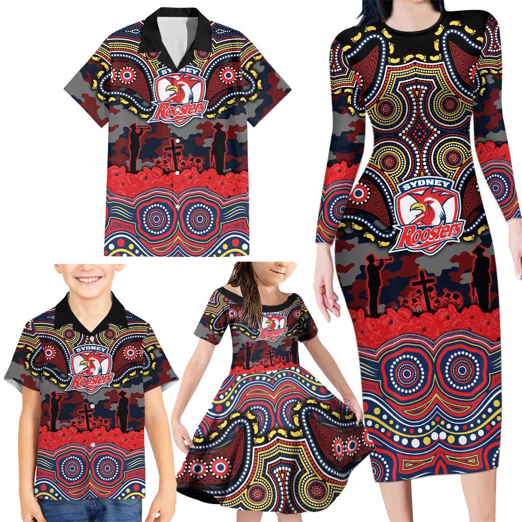 ANZAC Day Sydney Roosters Family Matching Long Sleeve Bodycon Dress and Hawaiian Shirt Military Memorial Aboriginal Indigenous Art