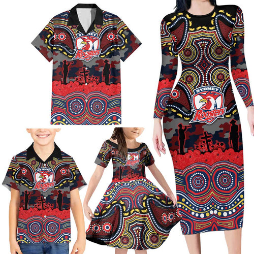 ANZAC Day Sydney Roosters Family Matching Long Sleeve Bodycon Dress and Hawaiian Shirt Military Memorial Aboriginal Indigenous Art