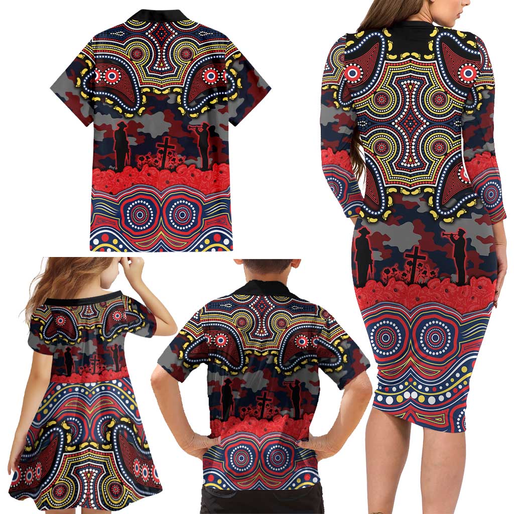 ANZAC Day Sydney Roosters Family Matching Long Sleeve Bodycon Dress and Hawaiian Shirt Military Memorial Aboriginal Indigenous Art