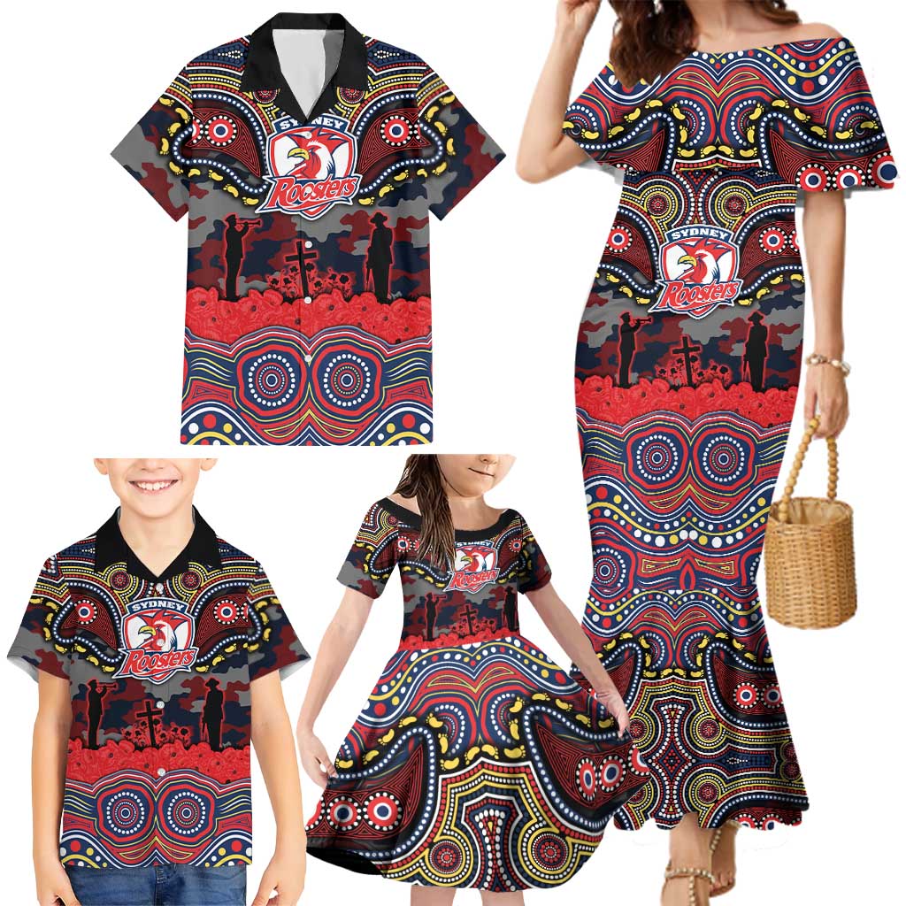 ANZAC Day Sydney Roosters Family Matching Mermaid Dress and Hawaiian Shirt Military Memorial Aboriginal Indigenous Art
