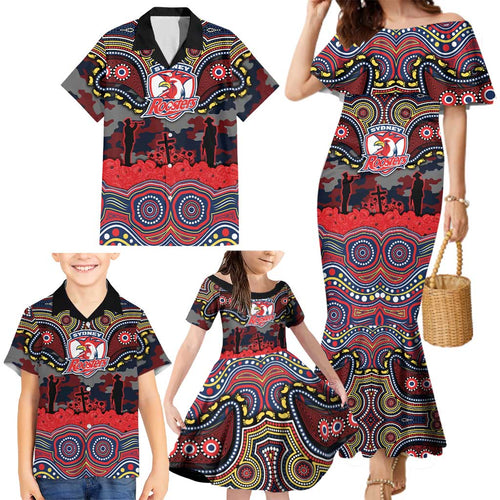 ANZAC Day Sydney Roosters Family Matching Mermaid Dress and Hawaiian Shirt Military Memorial Aboriginal Indigenous Art