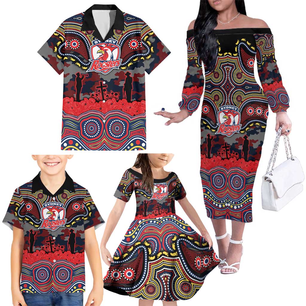 ANZAC Day Sydney Roosters Family Matching Off The Shoulder Long Sleeve Dress and Hawaiian Shirt Military Memorial Aboriginal Indigenous Art