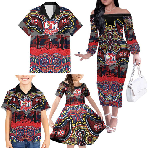 ANZAC Day Sydney Roosters Family Matching Off The Shoulder Long Sleeve Dress and Hawaiian Shirt Military Memorial Aboriginal Indigenous Art