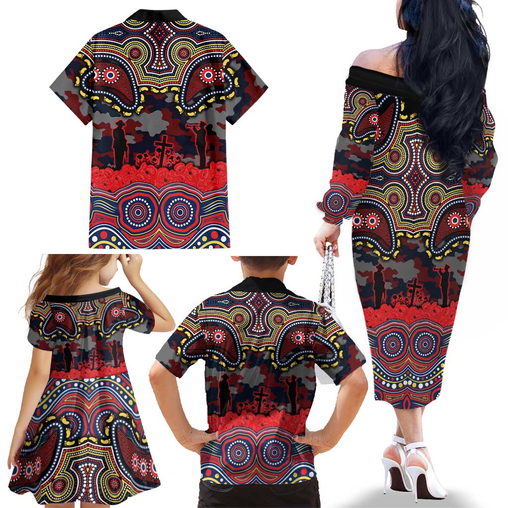 ANZAC Day Sydney Roosters Family Matching Off The Shoulder Long Sleeve Dress and Hawaiian Shirt Military Memorial Aboriginal Indigenous Art