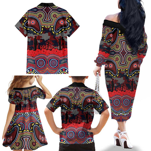 ANZAC Day Sydney Roosters Family Matching Off The Shoulder Long Sleeve Dress and Hawaiian Shirt Military Memorial Aboriginal Indigenous Art